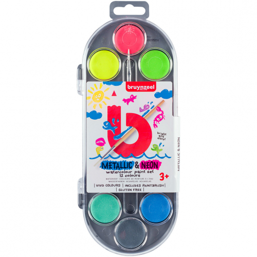 bruynzeel kids waterverf met penseel - metallic en neon - 12 kleuren