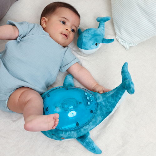 cloud.b knuffelwalvis met nachtlamp en geluid - blauw