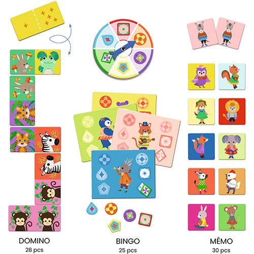 djeco spelletjes bingo, memorie, domino - kleine vrienden