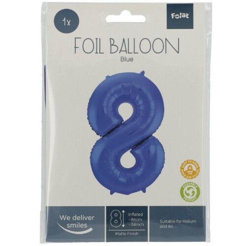 cijferballon acht - metallic matblauw - 86 cm