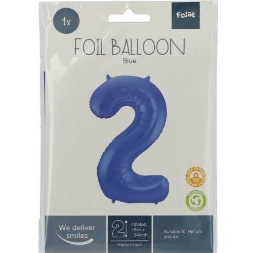 cijferballon twee - metallic matblauw - 86 cm