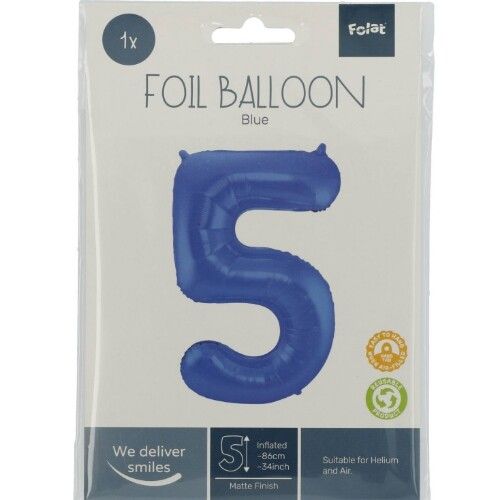 cijferballon vijf - metallic matblauw - 86 cm