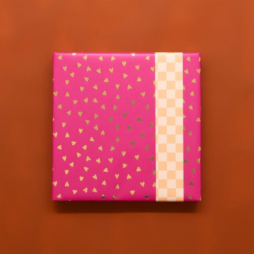 house of products inpakpapier small hearts pink gold foil - check peach - 3 m