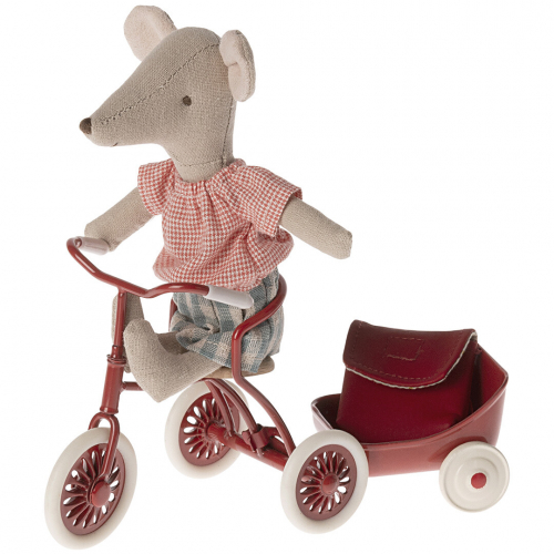 maileg souris grande soeur - tricycle - jupe à carreaux - 13 cm