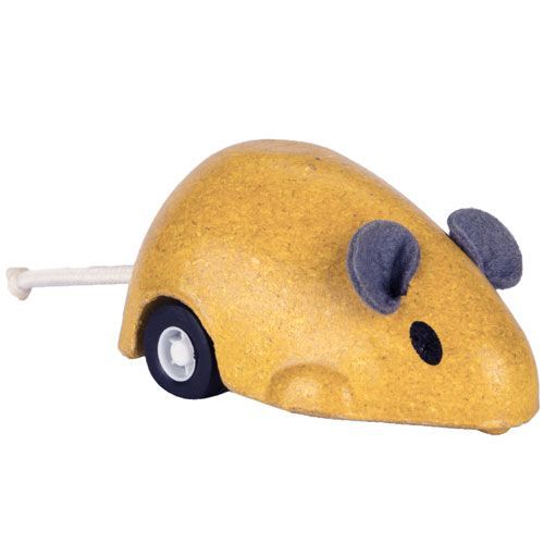 plan toys rollende muis op wielen - okergeel 