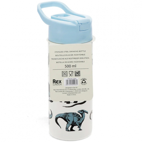 rex london rvs drinkfles met rietje - dinosaur - 500 ml