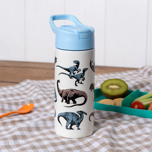 rex london rvs drinkfles met rietje - dinosaur - 500 ml
