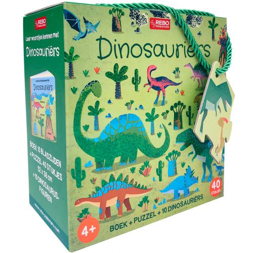 uitgeverij rebo box dinosauriërs boek, puzzel en speelfiguren