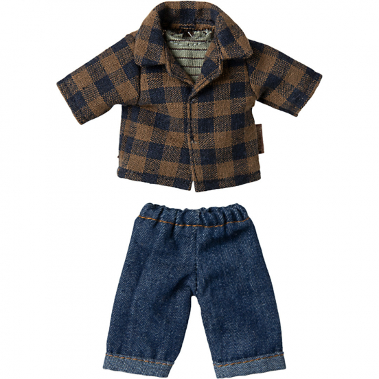 maileg poppenkleding vader - bruin geruit overhemd en denim broek - 15 cm