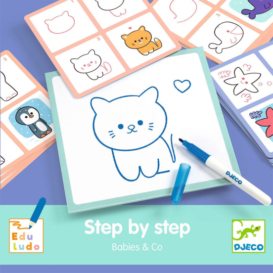 djeco tekenkaarten step by step babydieren