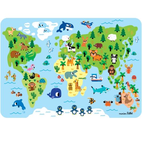 cartes d'art placemat wereldkaart dieren