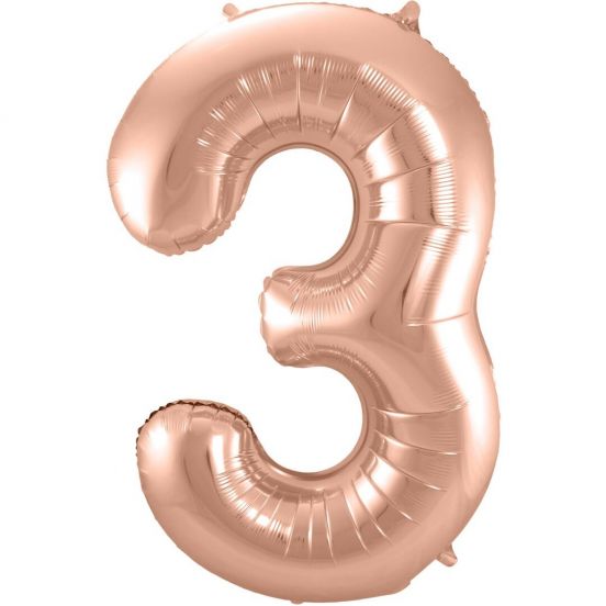 cijferballon drie - rosé goudkleurig - 86 cm