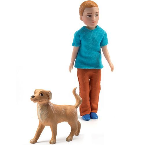 djeco poppenhuis jongen xavier met hond - 11 cm