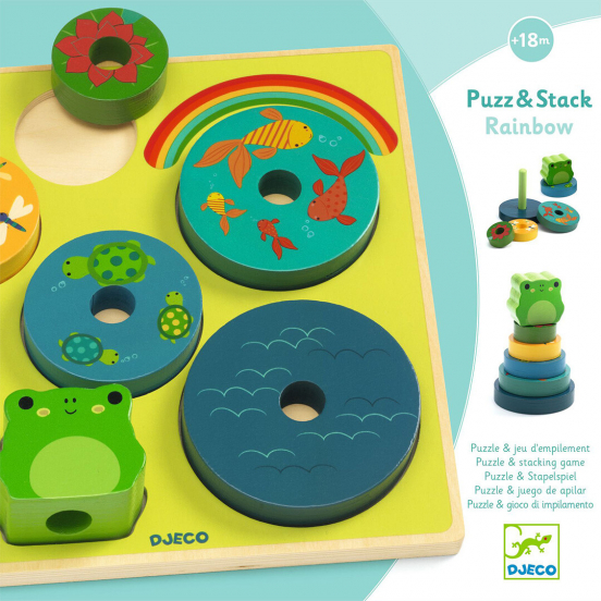 djeco houten puzzel en stapeltoren - rainbow - 7st
