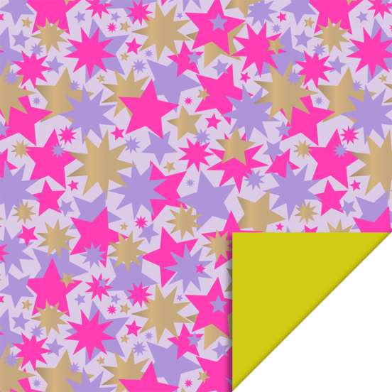 house of products inpakpapier big stars gold lilac - fluor pink - yellow - 3 m
