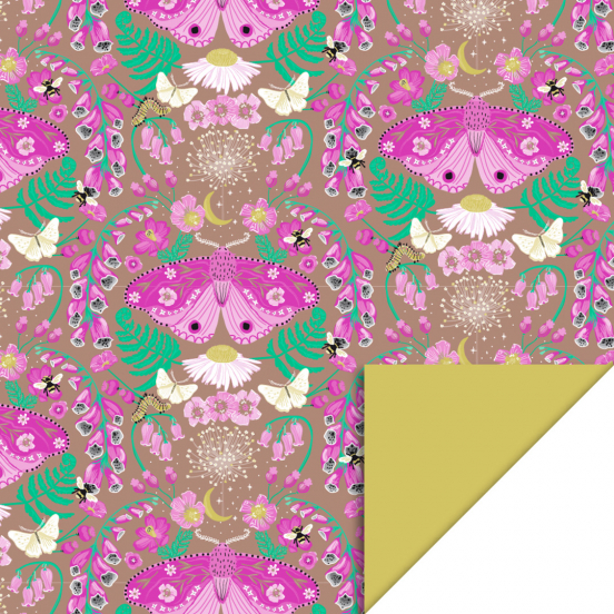 house of products inpakpapier bloemen en vlinders pink - yellow - 3 m