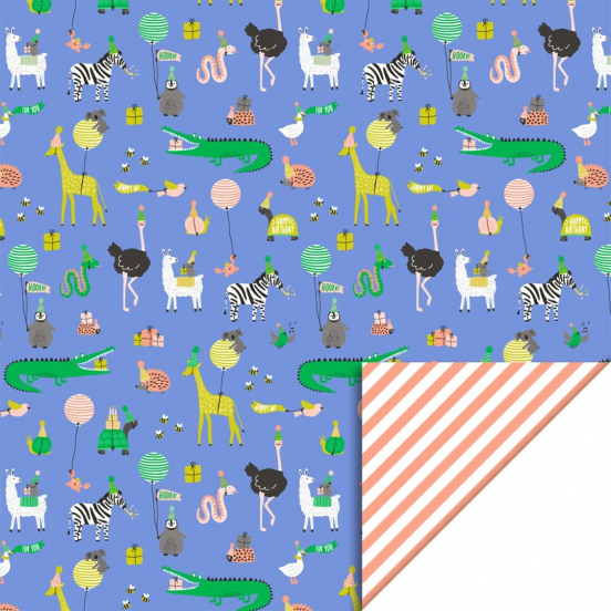 house of products inpakpapier party animals blue - stripe salmon - 3 m