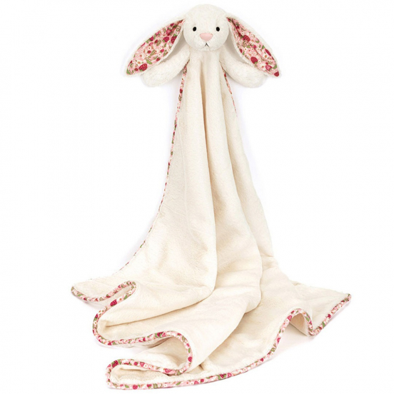 jellycat knuffeldekentje blossom cream konijn - berry - 70 cm
