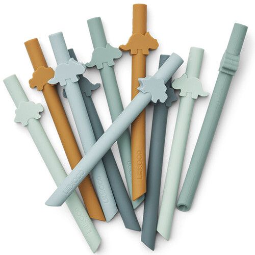 liewood siliconen herbruikbare rietjes badu - dino - dusty mint multi mix