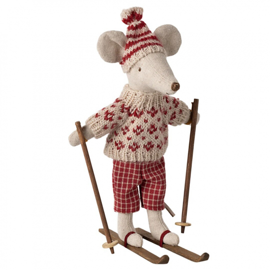 maileg knuffelmuis moeder op ski's - red - 15 cm