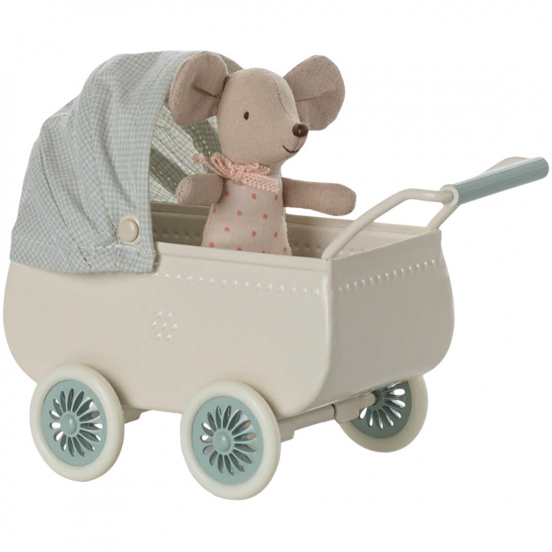 maileg poppenkinderwagen met muis mint - 9 cm