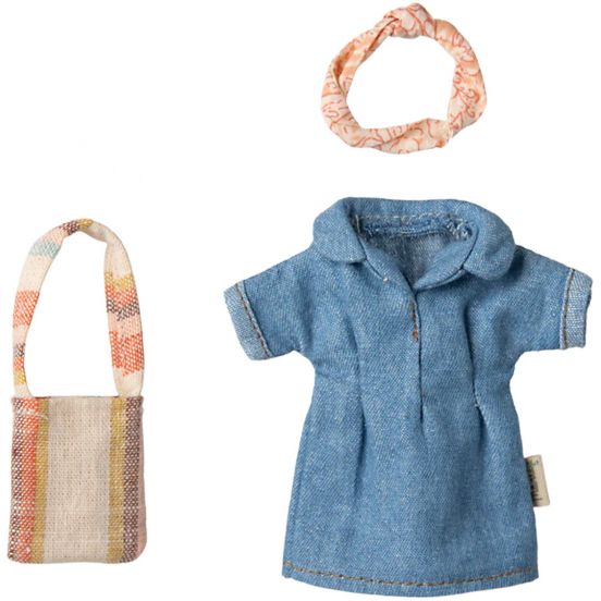 maileg poppenkleding moeder - denim jurk en tas - 15 cm