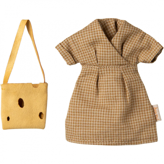 maileg poppenkleding moeder - geruite jurk en tas - 15 cm