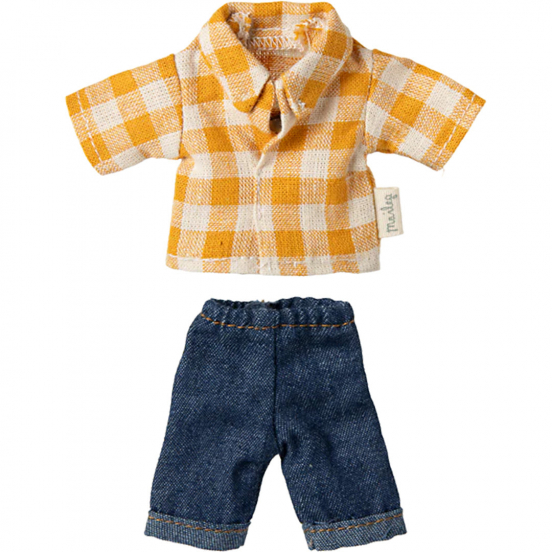 maileg poppenkleding vader - geel geruit overhemd en denim broek - 15 cm
