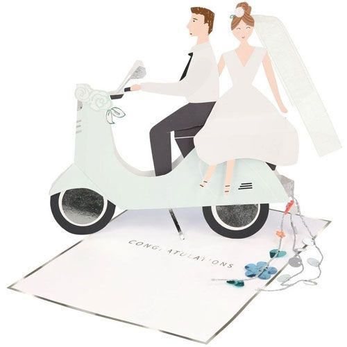 meri meri wenskaart bruidspaar op de scooter