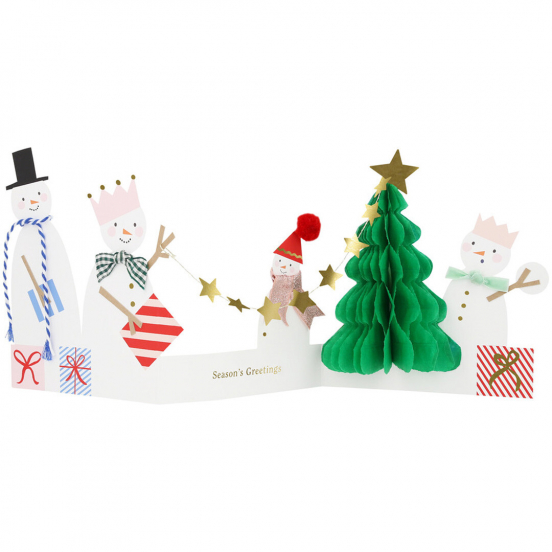 meri meri harmonica kerstkaart sneeuwpop familie