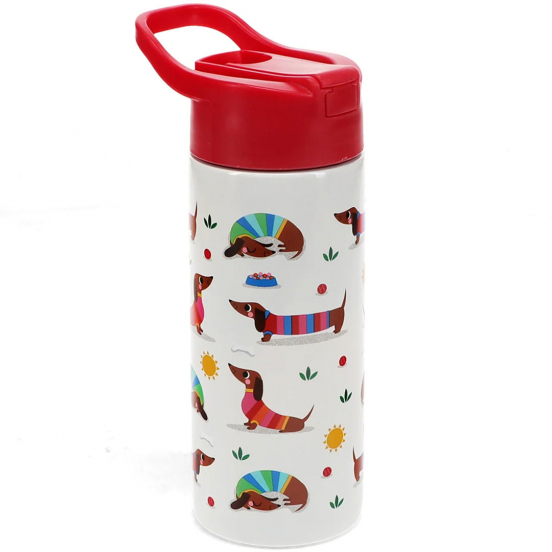 rex london rvs drinkfles met rietje - sunny sausage dog - 500 ml