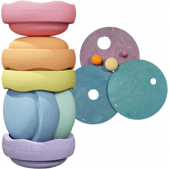 stapelstein original rainbow pastel met rolling discs - 6st + 3st